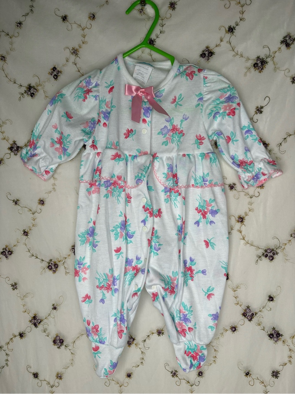 White Floral Baby Footed Vintage Sleeper with Pink Bow